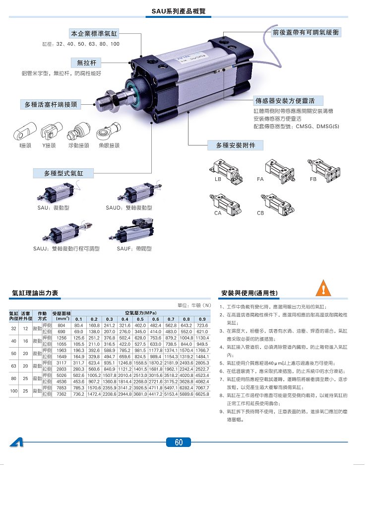 亚德客标准气缸气动大推力SAU32X40X50X63X75X100X125X150X75S